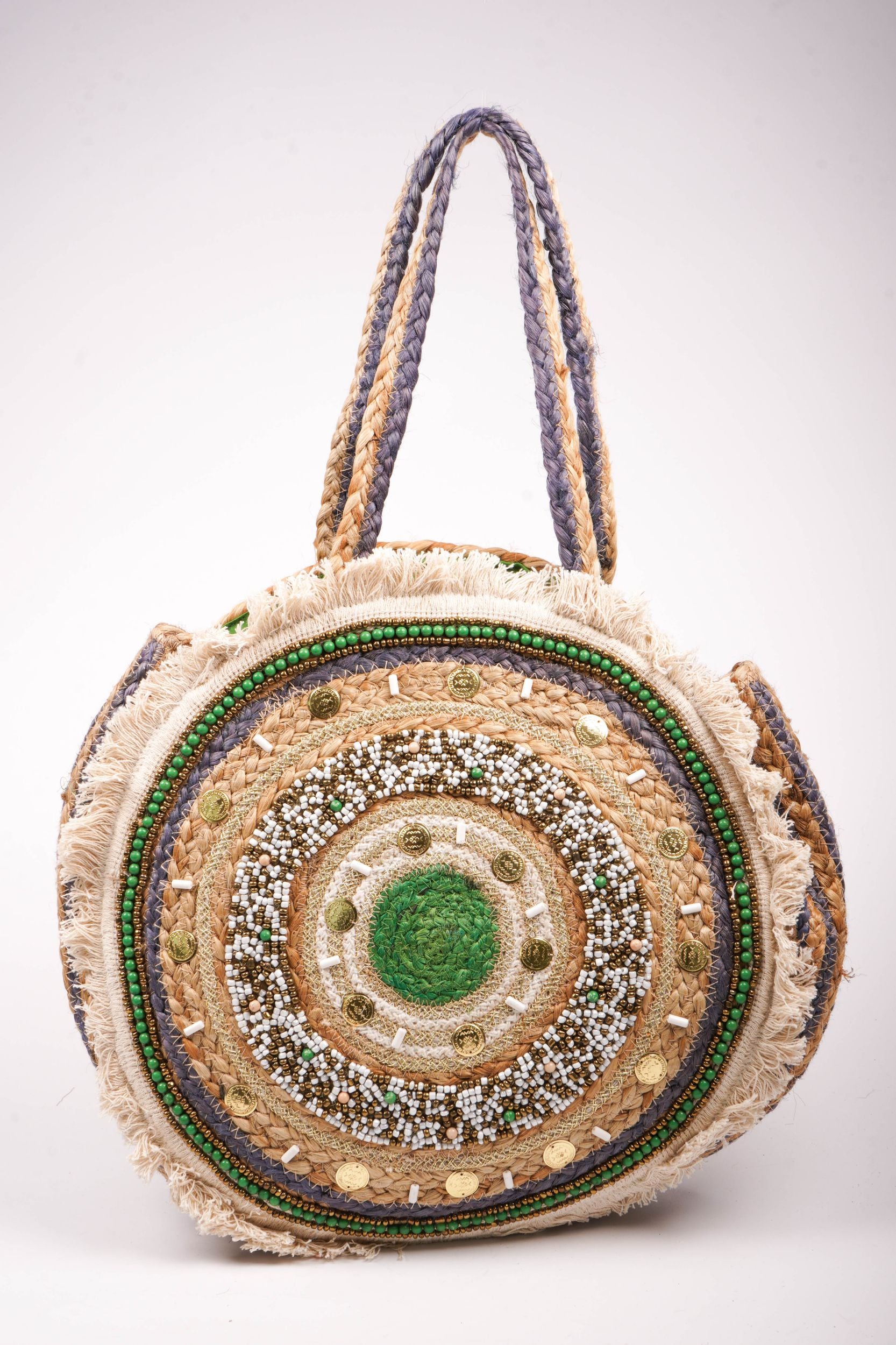 Großer Runder Jute-Shopper mit Fransen, geflochtenen Details und Perlen