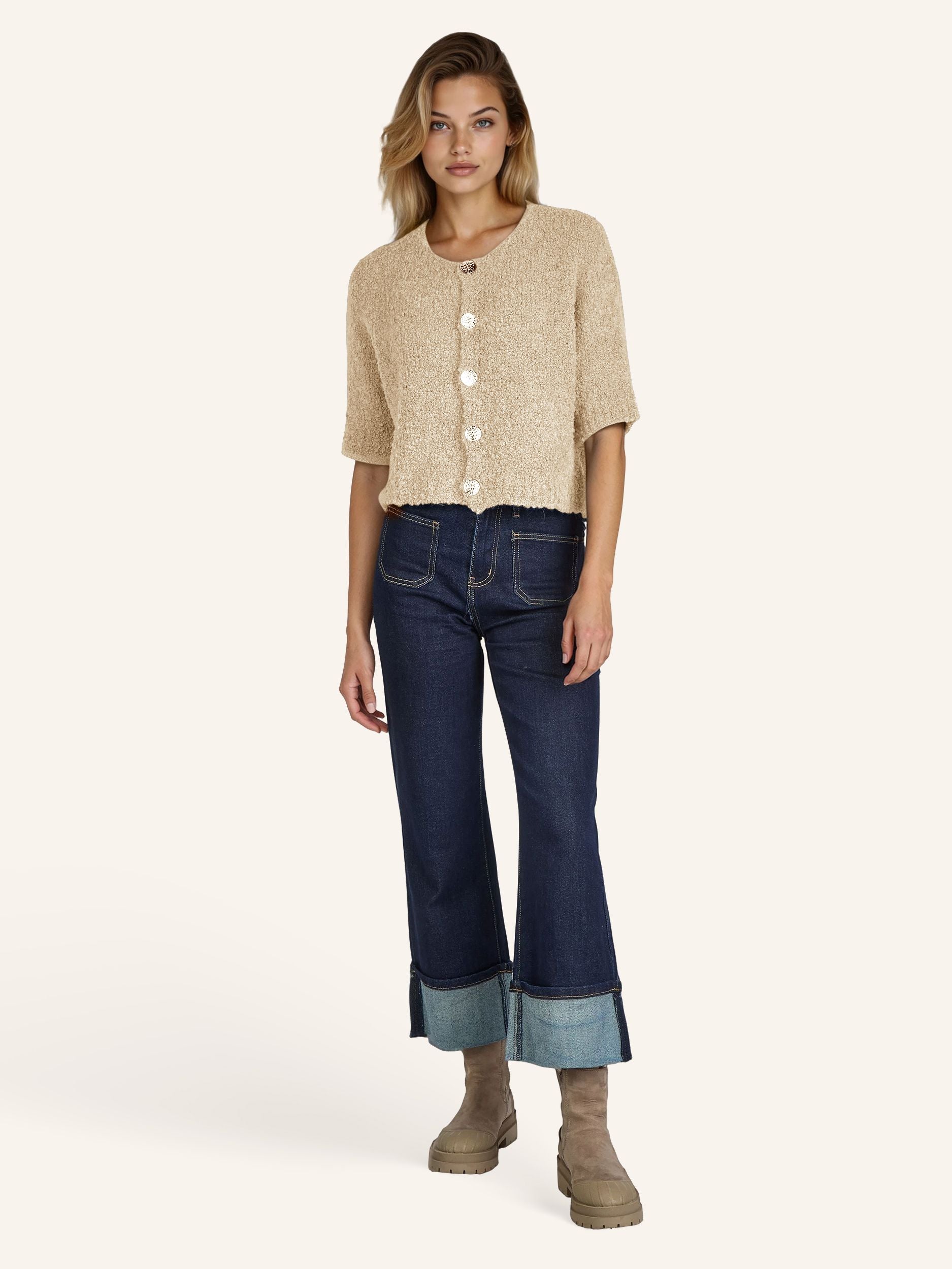 Bouclé cardigan, short sleeves