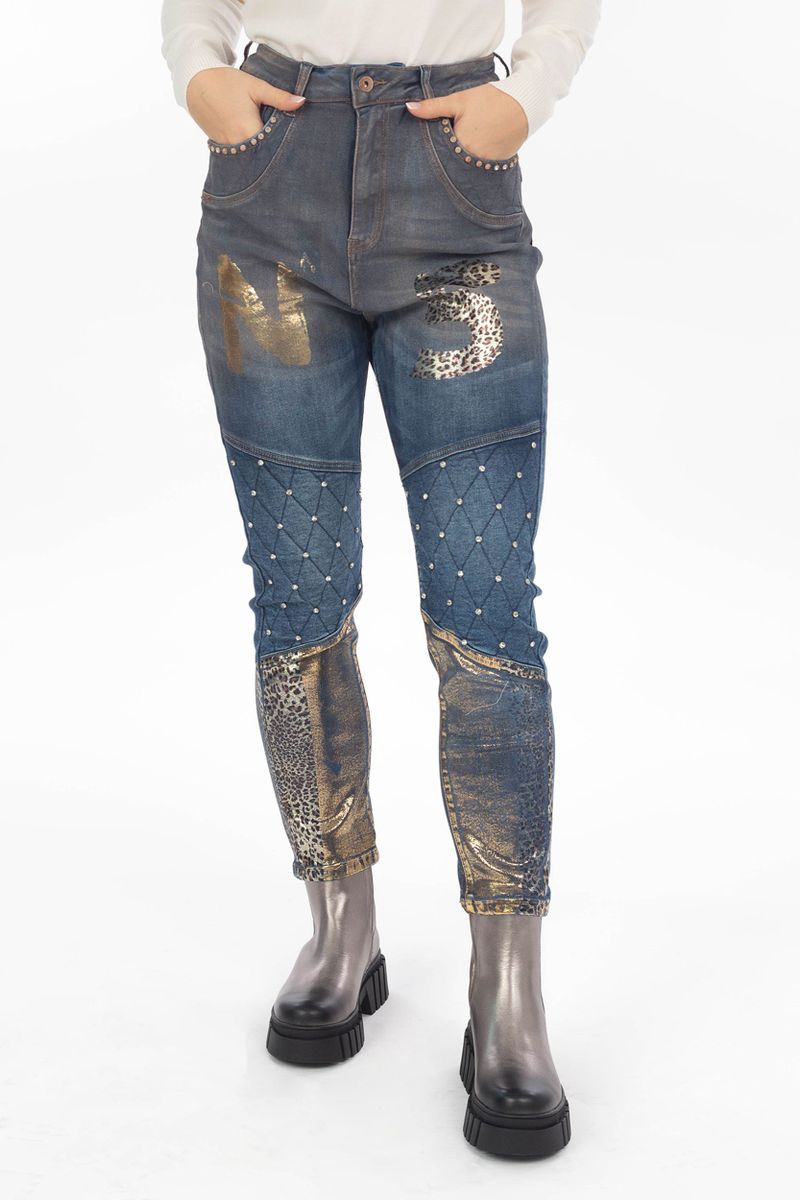 Biker Jeans mit Glitzer Steppungen
