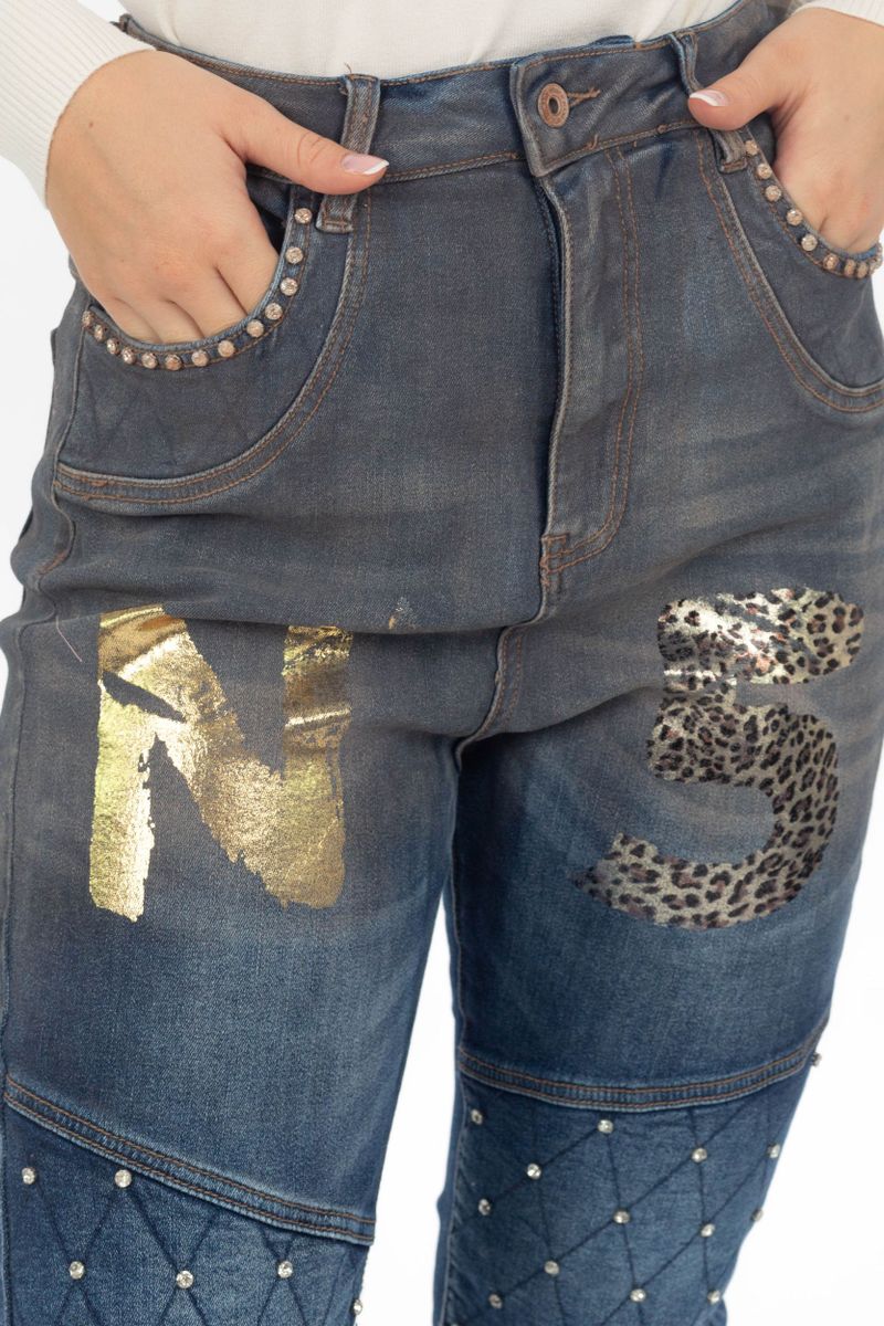 Biker Jeans mit Glitzer Steppungen