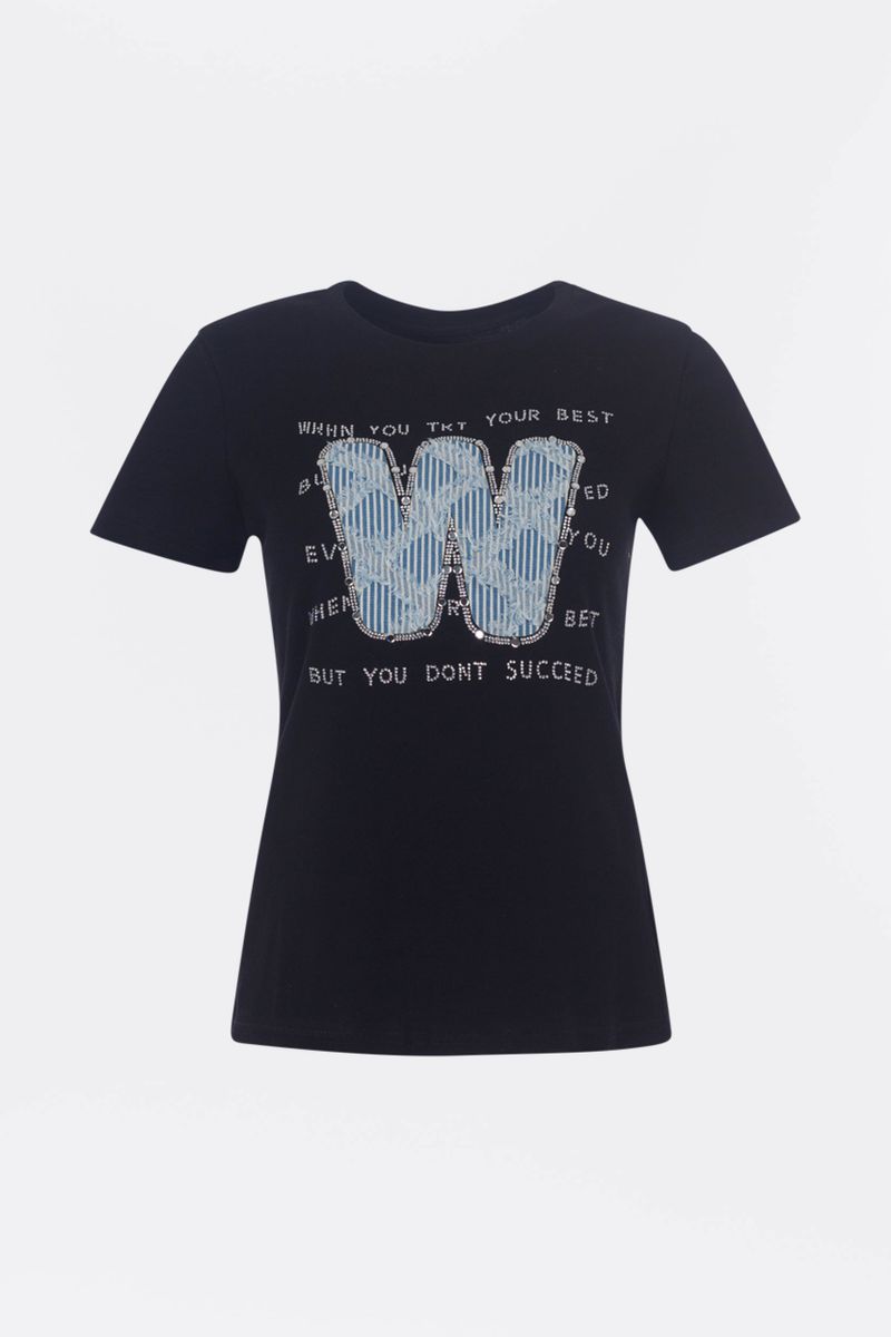 T-shirt met glittersteen en letterborduurwerk
