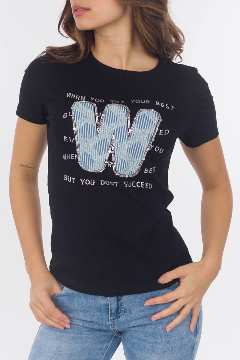 T-shirt met glittersteen en letterborduurwerk