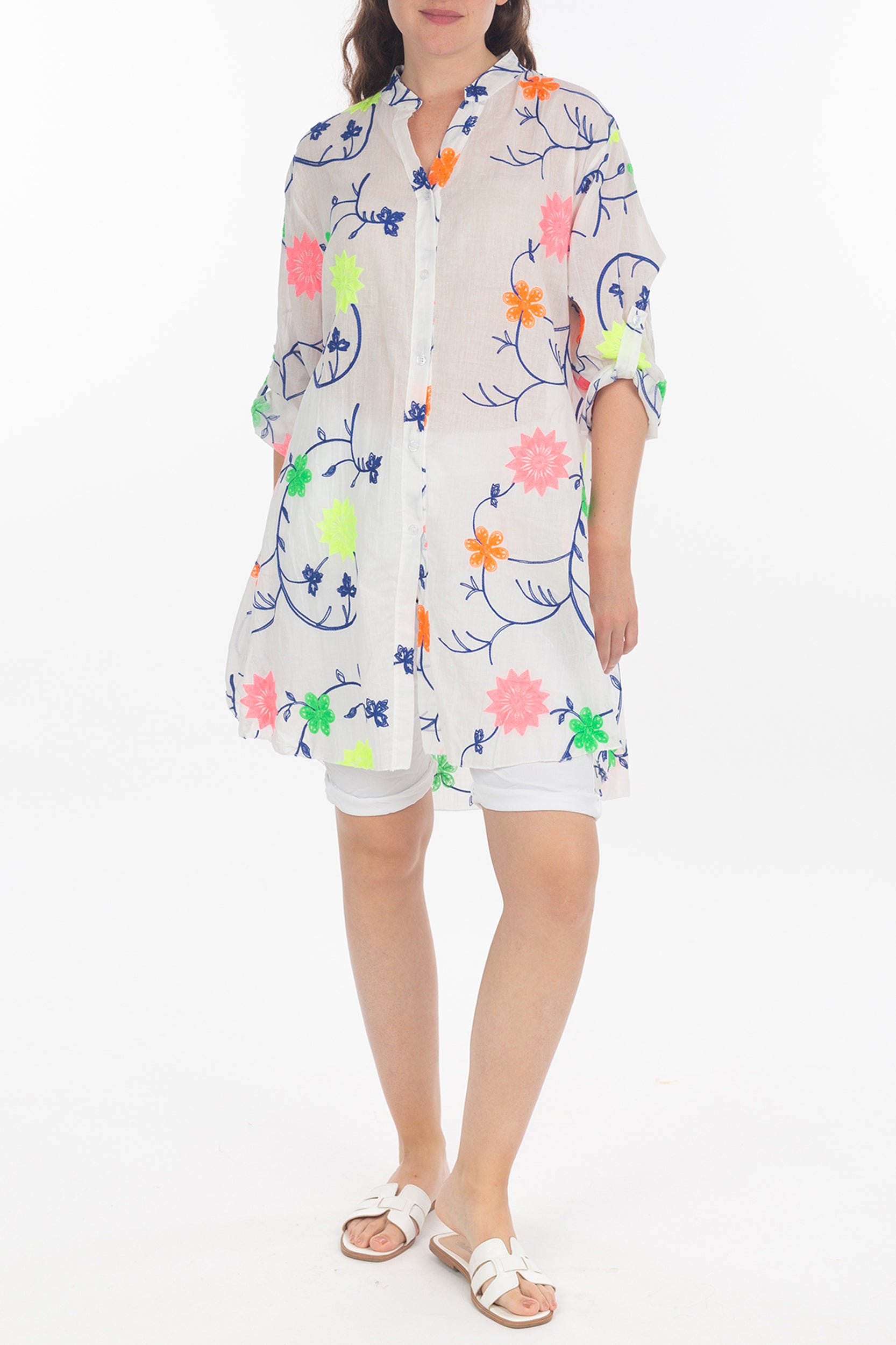 Lange blouse met bloemen neon details