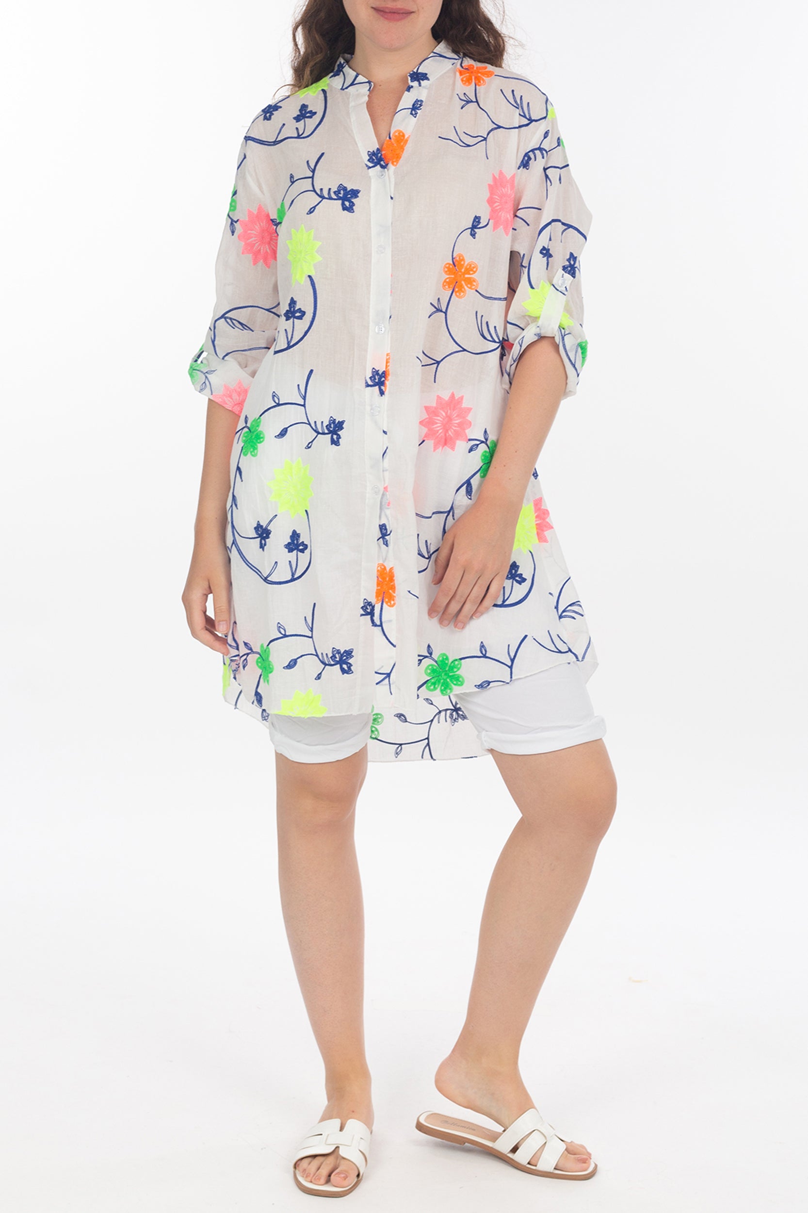 Lange blouse met bloemen neon details