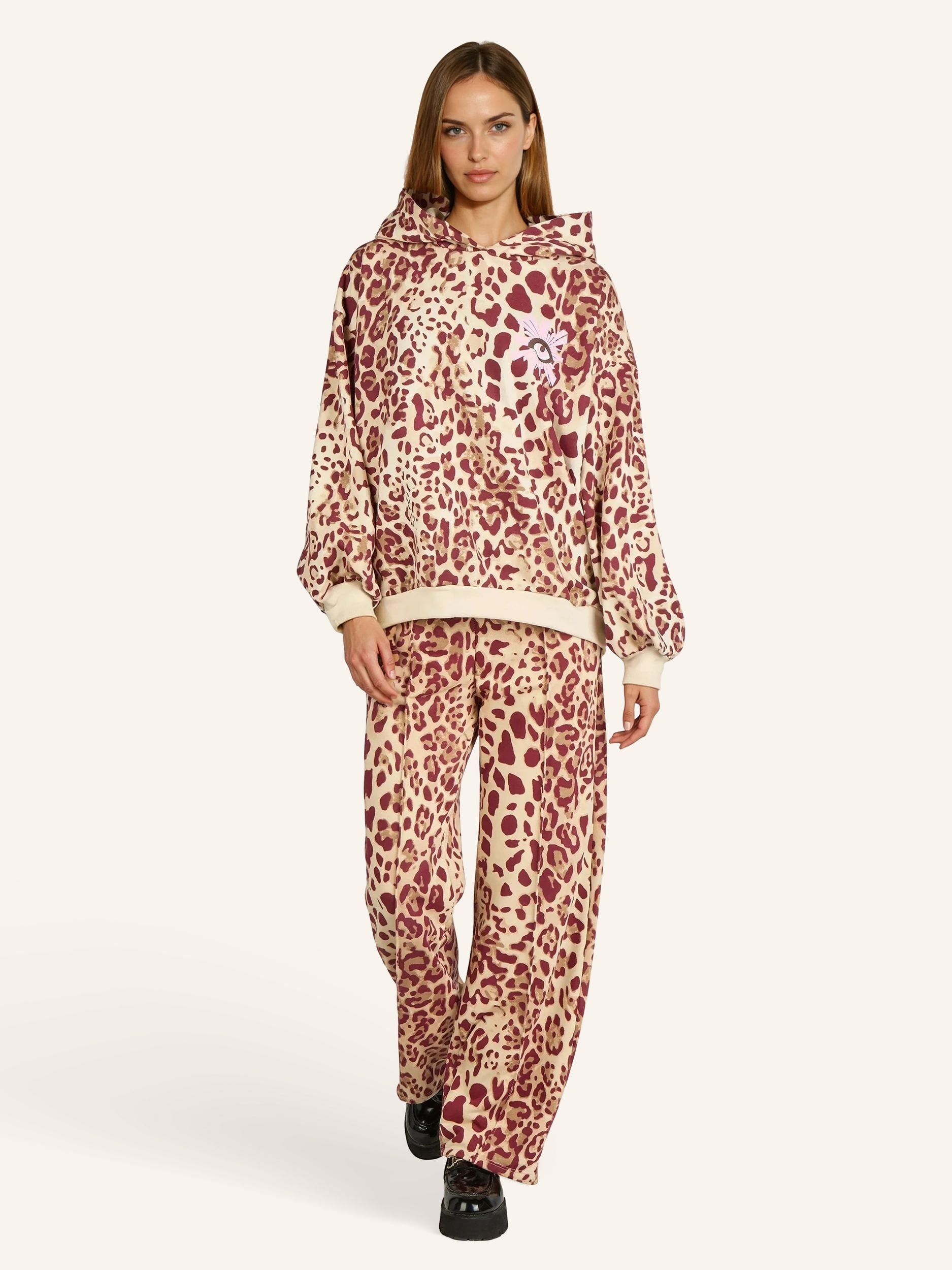 Felpa con cappuccio con stampa animalier e motivo occhi