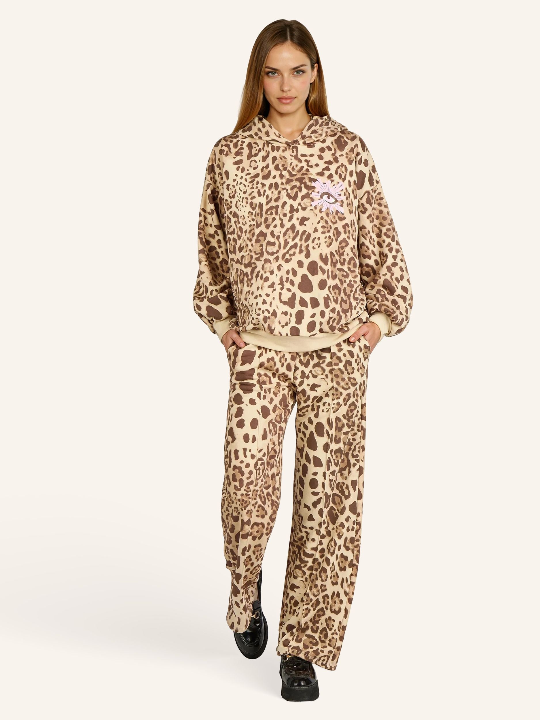 Felpa con cappuccio con stampa animalier e motivo occhi