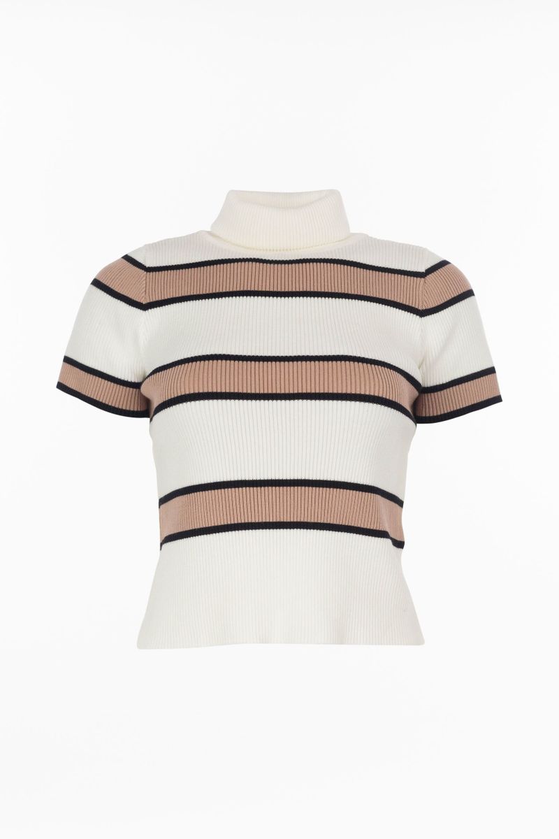 Ribbed short-sleeved turf collar sweater with strip pattern