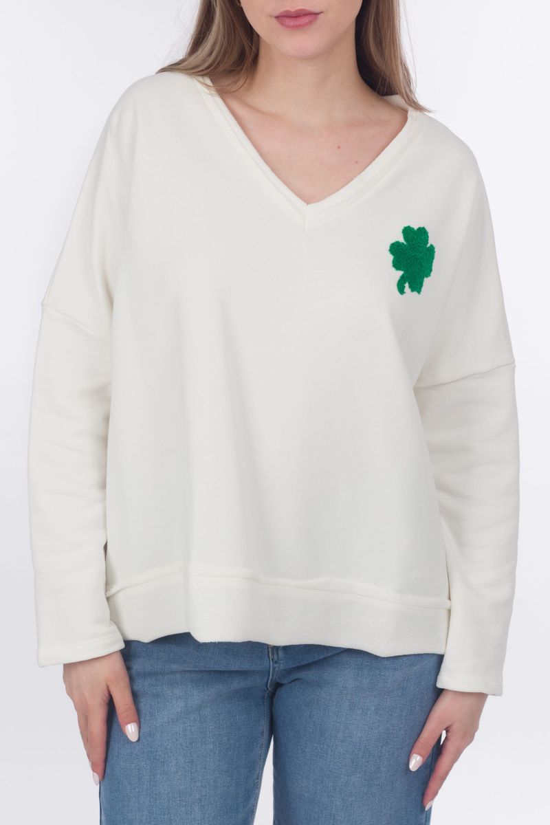 V-Neck Sweatshirt mit Kleeblatt-Applikation