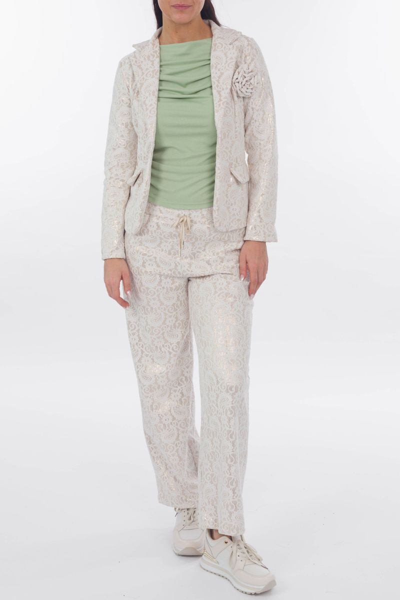 Business pants with lace trim and glitter yarn