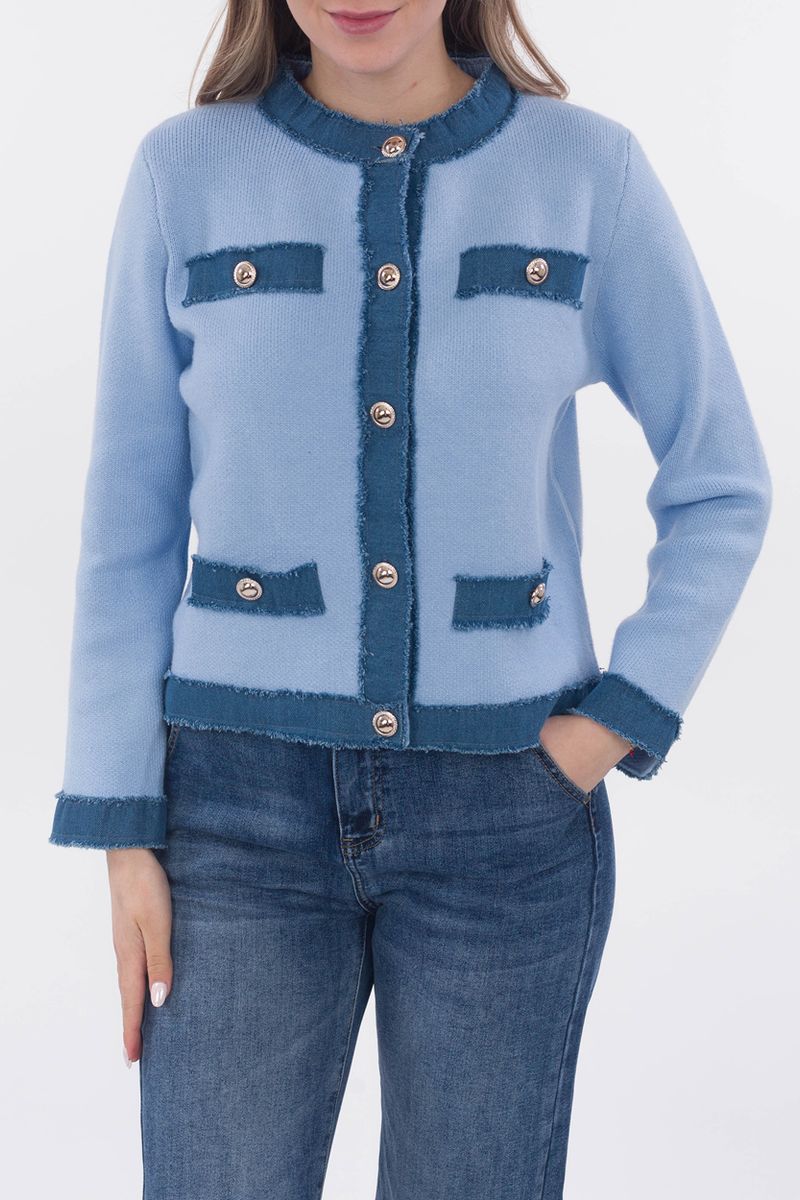 Bouclé-Jacke mit Jeansstoff-Applikationen