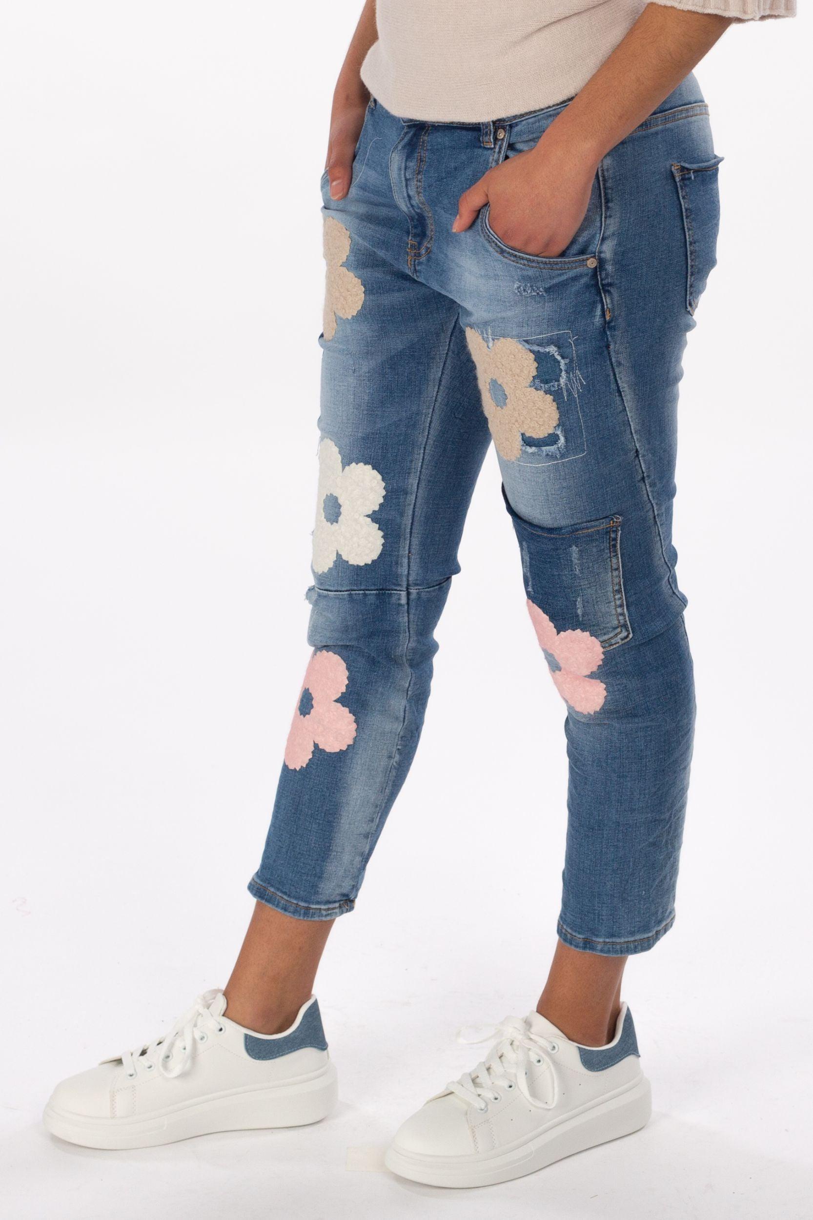 Destroyed Jeans mit floralem Print - La Strada