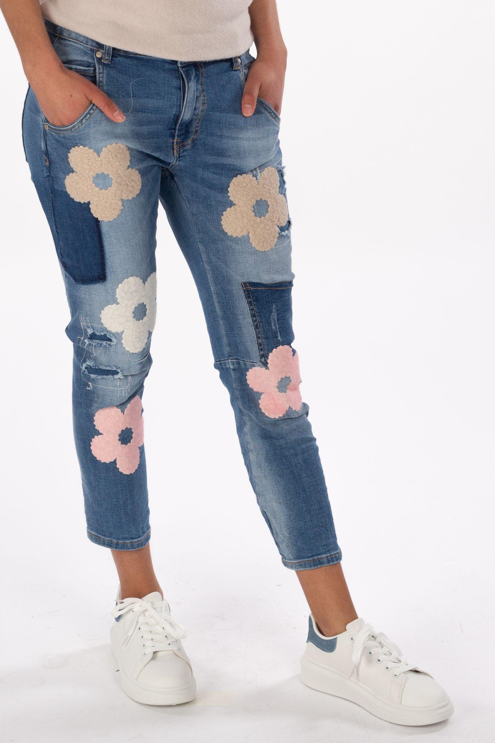 Destroyed Jeans mit floralem Print - La Strada